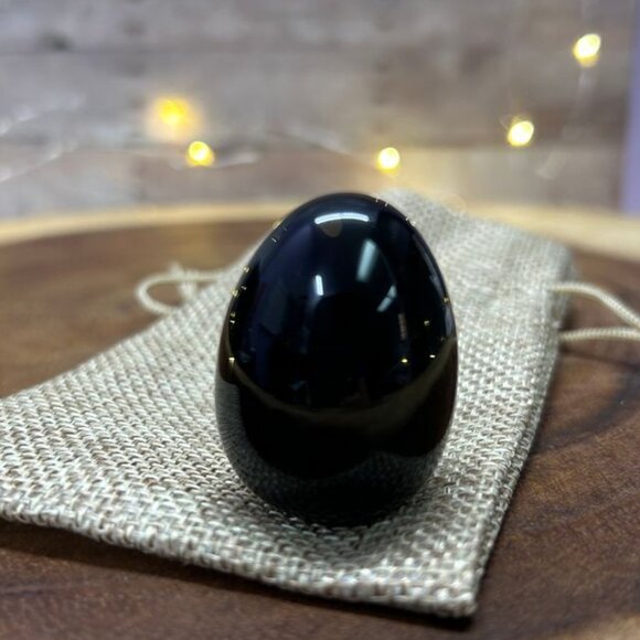 Black Obsidian Crystal Egg With Stand & Burlap Pouch - Picture 3 of 6